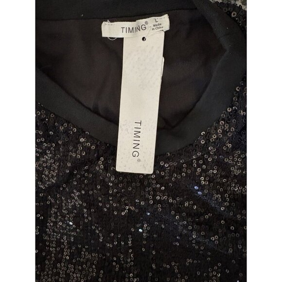 Timing L Black Sequin Crew Knit Neckline Padded Shoulders Sleeveless Tank Blouse - Picture 6 of 6